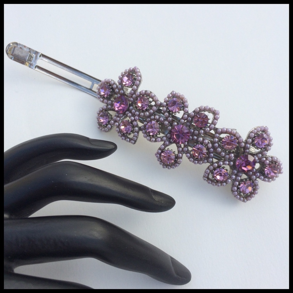 Purple Crystal & Pearl Flower French Barrette